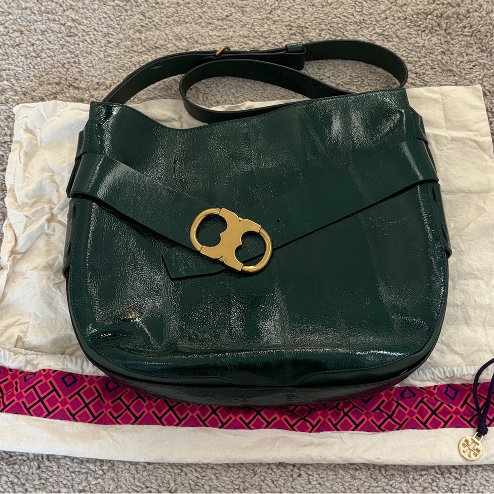Tory Burch Gemini Link Patent Green Crossbody Messenger Bag NWOT